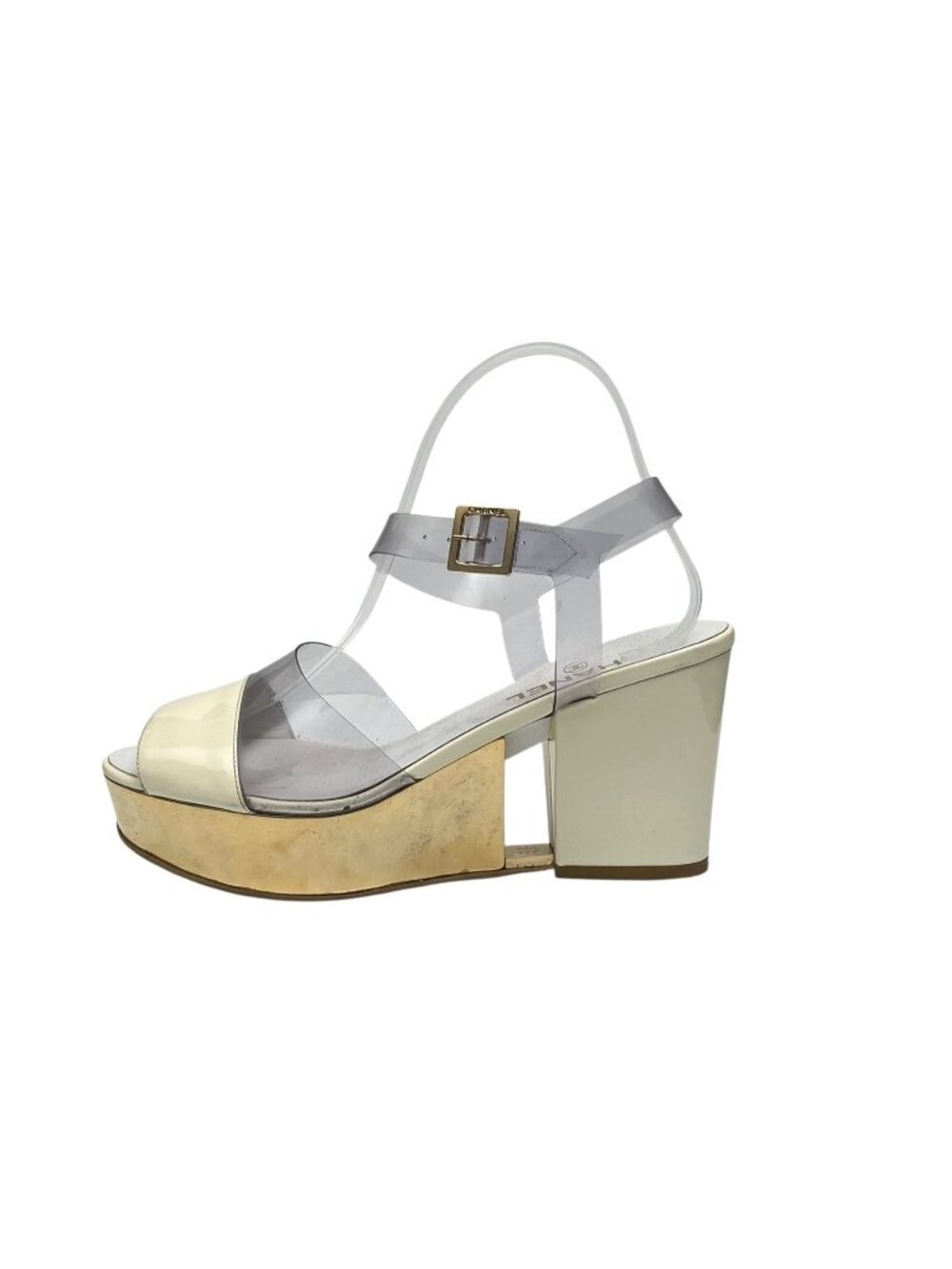 CHANEL Vintage Gold Wedge Platforms With PVC Straps sz 9.5 - Picture 5 of 16
